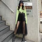 Long-sleeve Cutout T-shirt / Suspender Midi Mesh Skirt