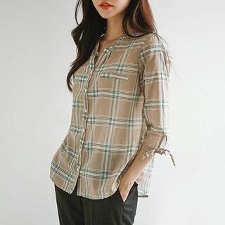 Open-placket Tie-sleeve Plaid Blouse
