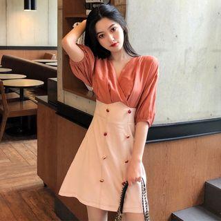 V-neck Elbow-sleeve Panel High-waist A-line Dress