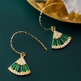 Rhinestone Fan Dangle Earring 1 Pair - Green & Gold - One Size