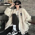 Letter Embroidered Bomber Jacket White - One Size