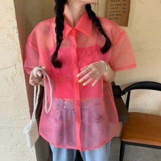 Short-sleeve Floral Embroidered Mesh Shirt