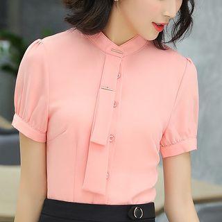 Short-sleeve Tie-neck Shirt / Mini Pencil Skirt