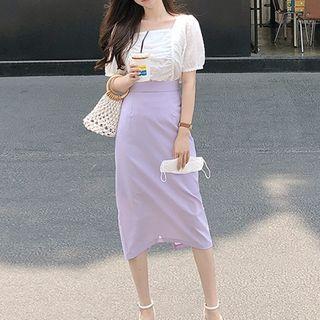 Square Neck Shirred Blouse / Midi Pencil Skirt