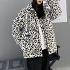 Set: Leopard Print Fleece Zip-up Jacket + Crossbody Bag