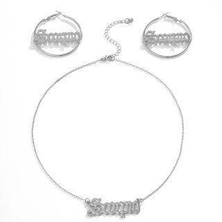 Set: Lettering Alloy Hoop Earring + Pendent Necklace Set - 1182 - 1 Pair - Earring & 1 Piece - Necklace - Silver - One Size