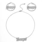 Set: Lettering Alloy Hoop Earring + Pendent Necklace Set - 1182 - 1 Pair - Earring & 1 Piece - Necklace - Silver - One Size