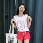 Set: Embroidered-lettering Tank Top + Drawstring-waist Shorts