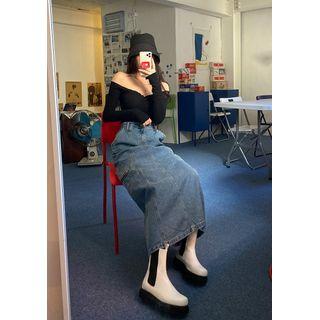 Zip-pocket A-line Long Denim Skirt