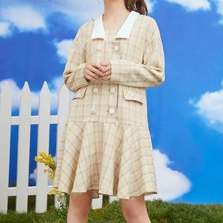 Double-breasted Plaid Long-sleeve A-line Dress