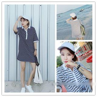 Elbow-sleeve Striped Polo Dress