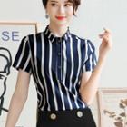 Short-sleeve Striped Blouse / Boot-cut Dress Pants / Mini Pencil Skirt