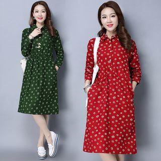 Floral Print Long-sleeve Corduroy Shirtdress