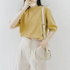 Elbow-sleeve Plain Knit Top Yellow - One Size