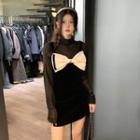 Long-sleeve Mesh Top / Bow Overall Dress