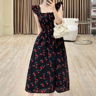 Ruffle Strap Cherry Print A-line Dress