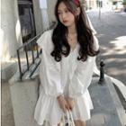 Long-sleeve Ruffle Lace Trim Mini Dress White - One Size