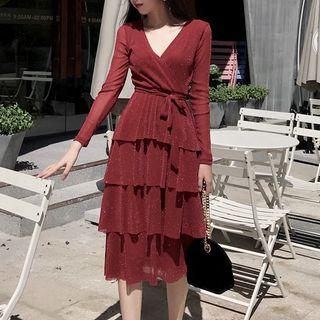 Glitter Tie-waist Long-sleeve Midi Tiered Dress
