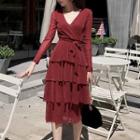 Glitter Tie-waist Long-sleeve Midi Tiered Dress