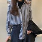 Color-block Striped Long-sleeve Shirt Dark Blue - One Size