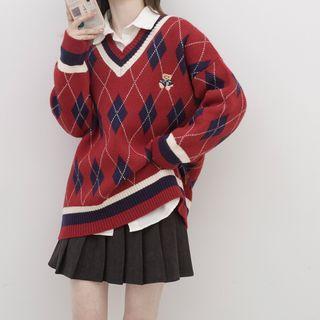 Bear Embroidered Argyle Sweater