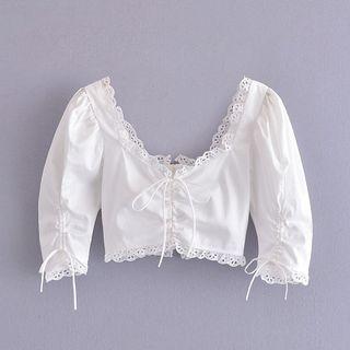 Elbow-sleeve Lace-trim Crop Top