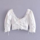 Elbow-sleeve Lace-trim Crop Top
