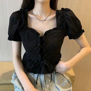Puff-sleeve Ruffle Trim Lace-up Blouse