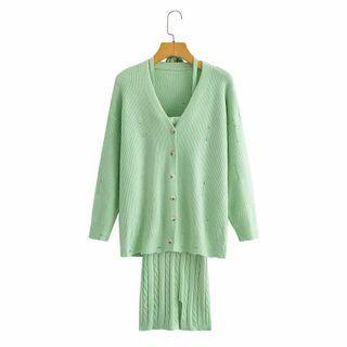 Set: Distressed Cardigan + Halter-neck Knit Mini Dress Green - One Size