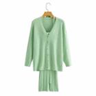 Set: Distressed Cardigan + Halter-neck Knit Mini Dress Green - One Size