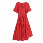 Short-sleeve Dotted Tie-waist V-neck Midi A-line Dress