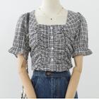 Short-sleeve Plaid Ruched Blouse