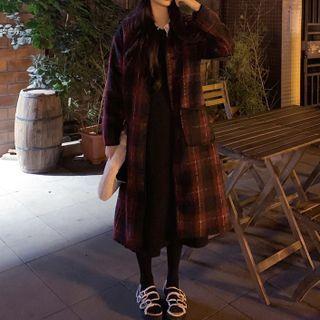 Plaid Single-breasted Midi Coat Red - One Size