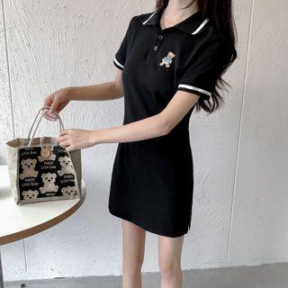 Short-sleeve Bear Embroidered Mini Polo Shirt Dress