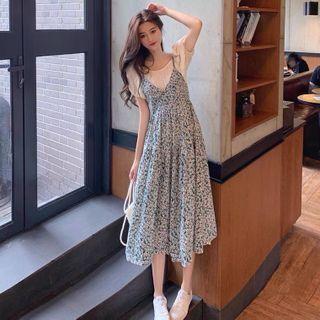 Set: Short-sleeve T-shirt + Spaghetti Strap Floral Print Dress