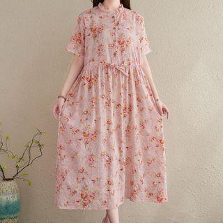Short-sleeve Floral Drawstring-waist Midi A-line Dress