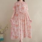 Short-sleeve Floral Drawstring-waist Midi A-line Dress