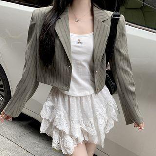 Striped Cropped Blazer / Layered Mini A-line Skirt / T-shirt