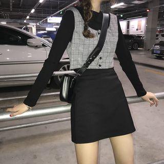 Set: Long-sleeve T-shirt + Mini A-line Skirt + Plaid Crop Vest
