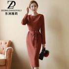Tie Waist Long-sleeve Sheath Dress