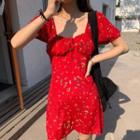 Floral Print Short-sleeve Mini A-line Dress Red - One Size
