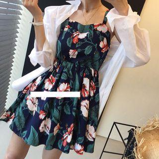 Spaghetti Strap Flower Print Mini A-line Dress Dark Blue - One Size