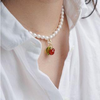 Cherry Faux Pearl Necklace White & Red - One Size