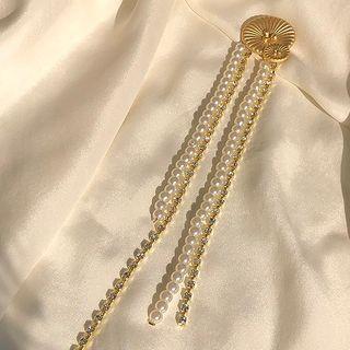 Rhinestone Faux Pearl Fringed Brooch 1 Pc - Gold - One Size