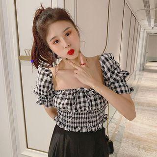 Puff-sleeve Tie Neck Plaid Ruffled Blouse