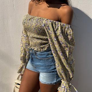 Off-shoulder Floral Print Smocked Top
