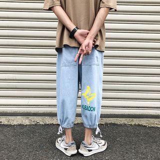 Print Drawstring-cuff Straight-cut Jeans
