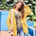 Distressed Cable Knit Cardigan Yellow - One Size
