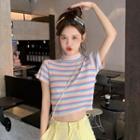 Striped Short Sleeve Crop Top As Shown In Figure - One Size