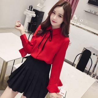 Ruffle Trim Long-sleeve Tie Neck Plain Blouse